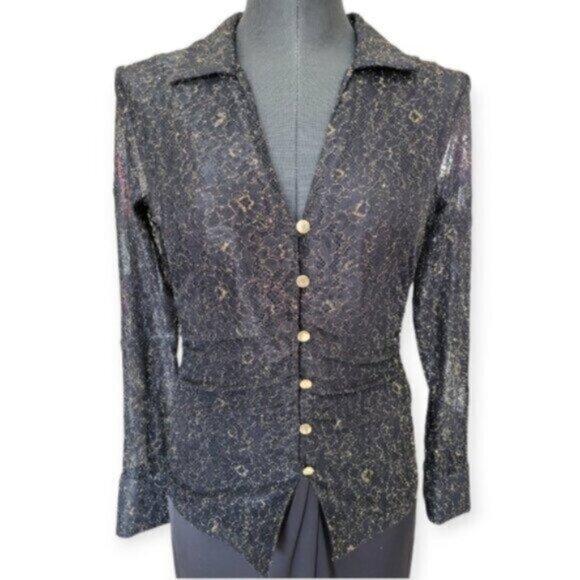 Black Tape Mesh Lace Whimsy Fairy Core Goth Blouse Sz Small - Picture 6 of 13